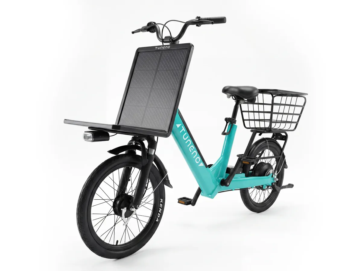Laineng E03 solar e-bike in cyan, front three-quarter view