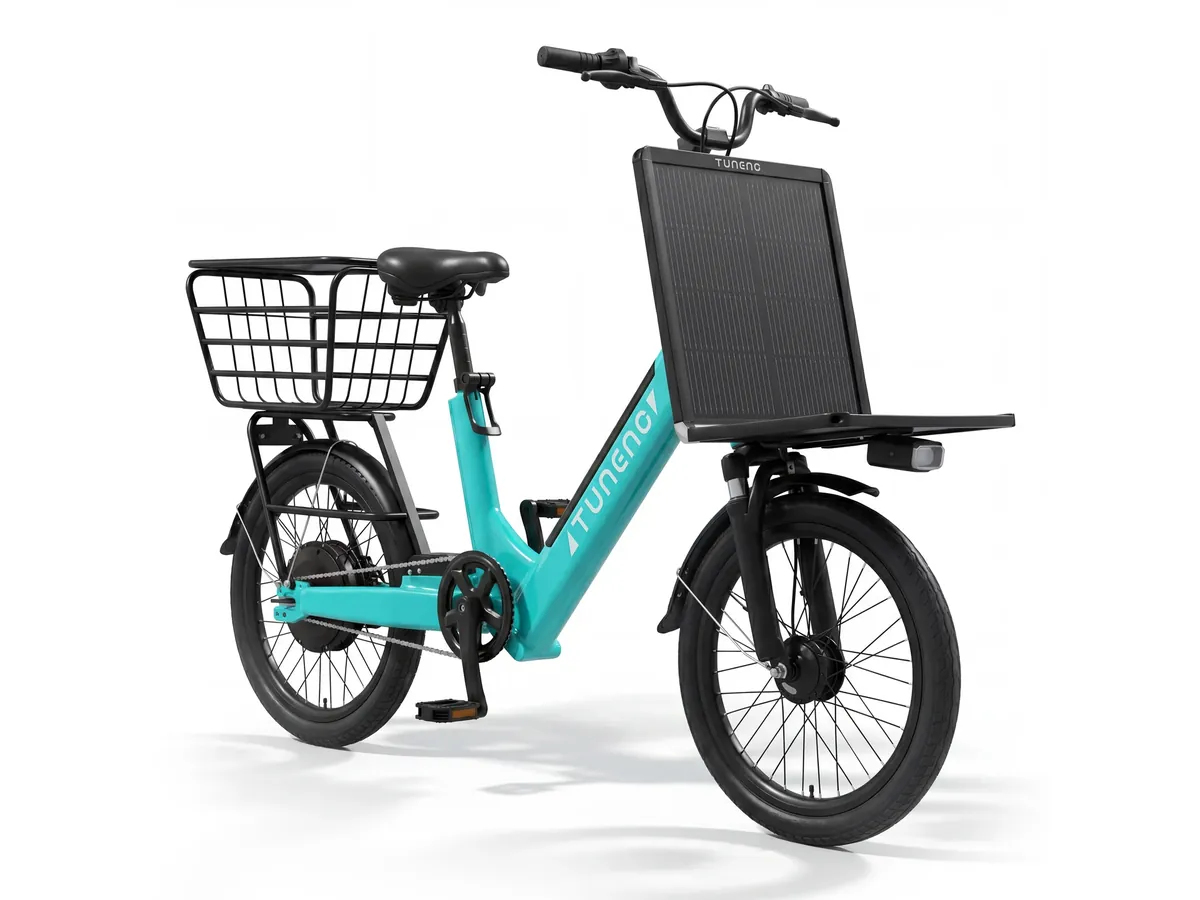 Laineng E03 solar e-bike in cyan, left-front three-quarter view