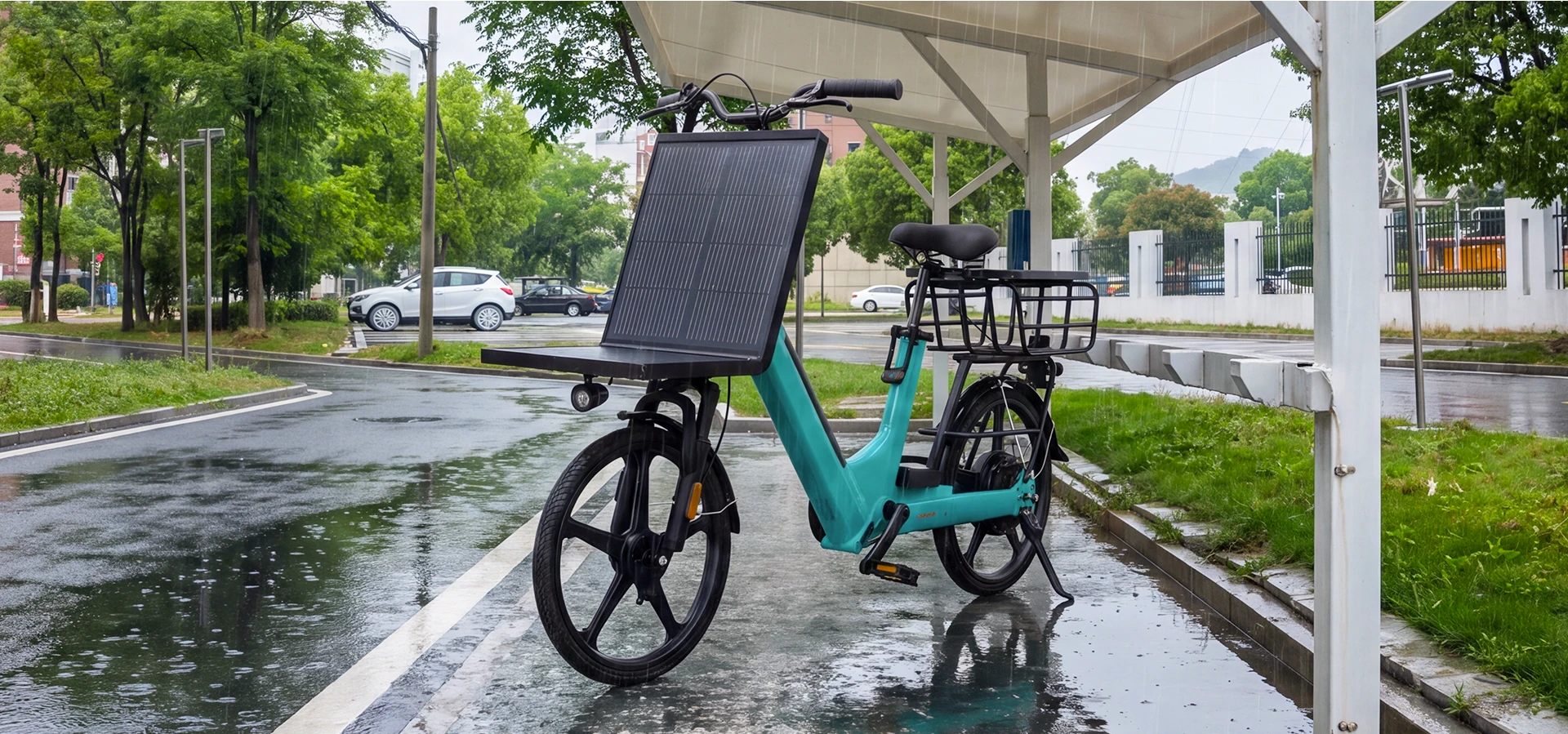 E03 solar e-bike riding in the rain
