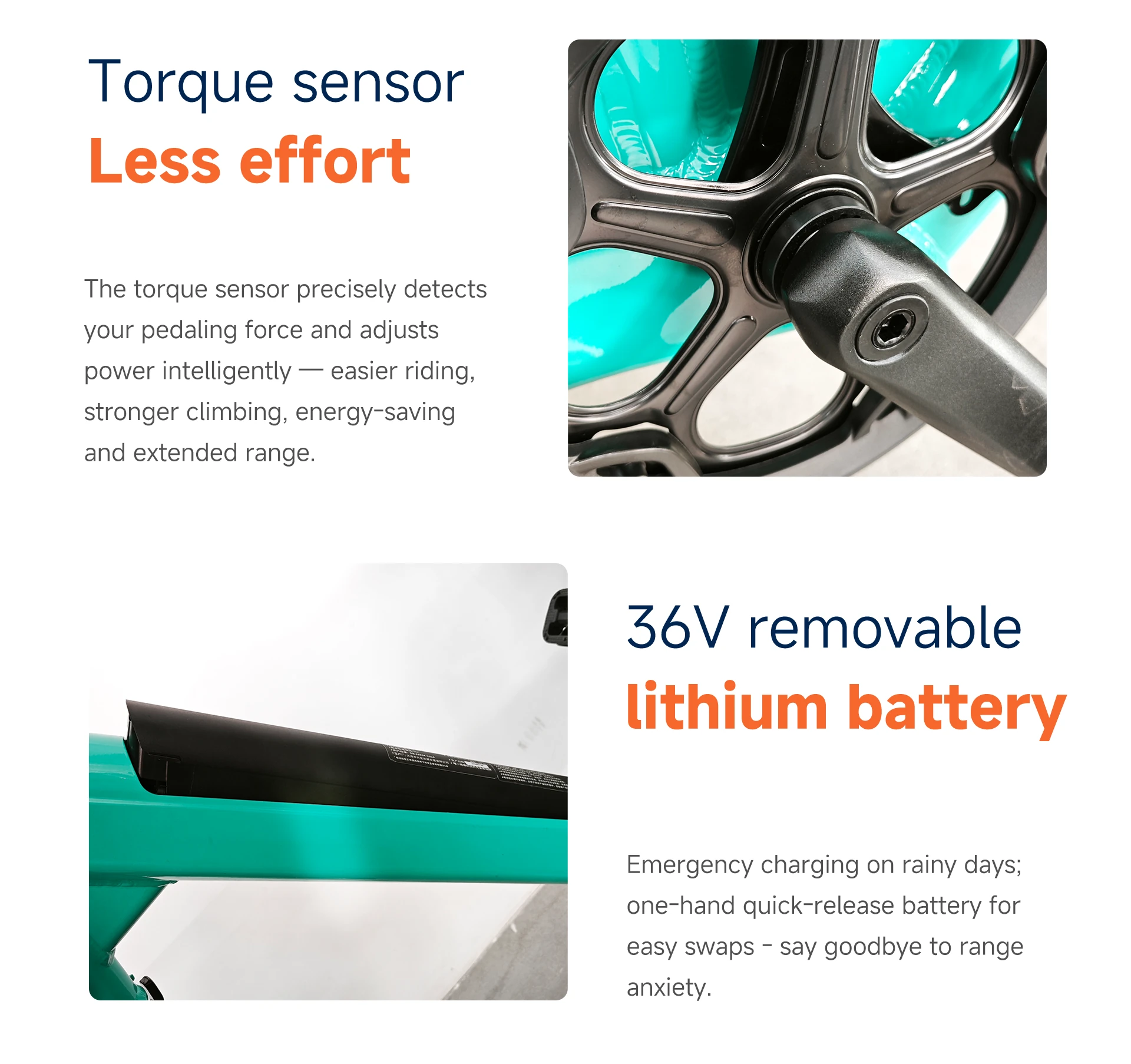 E03 torque sensor and 36V battery detail